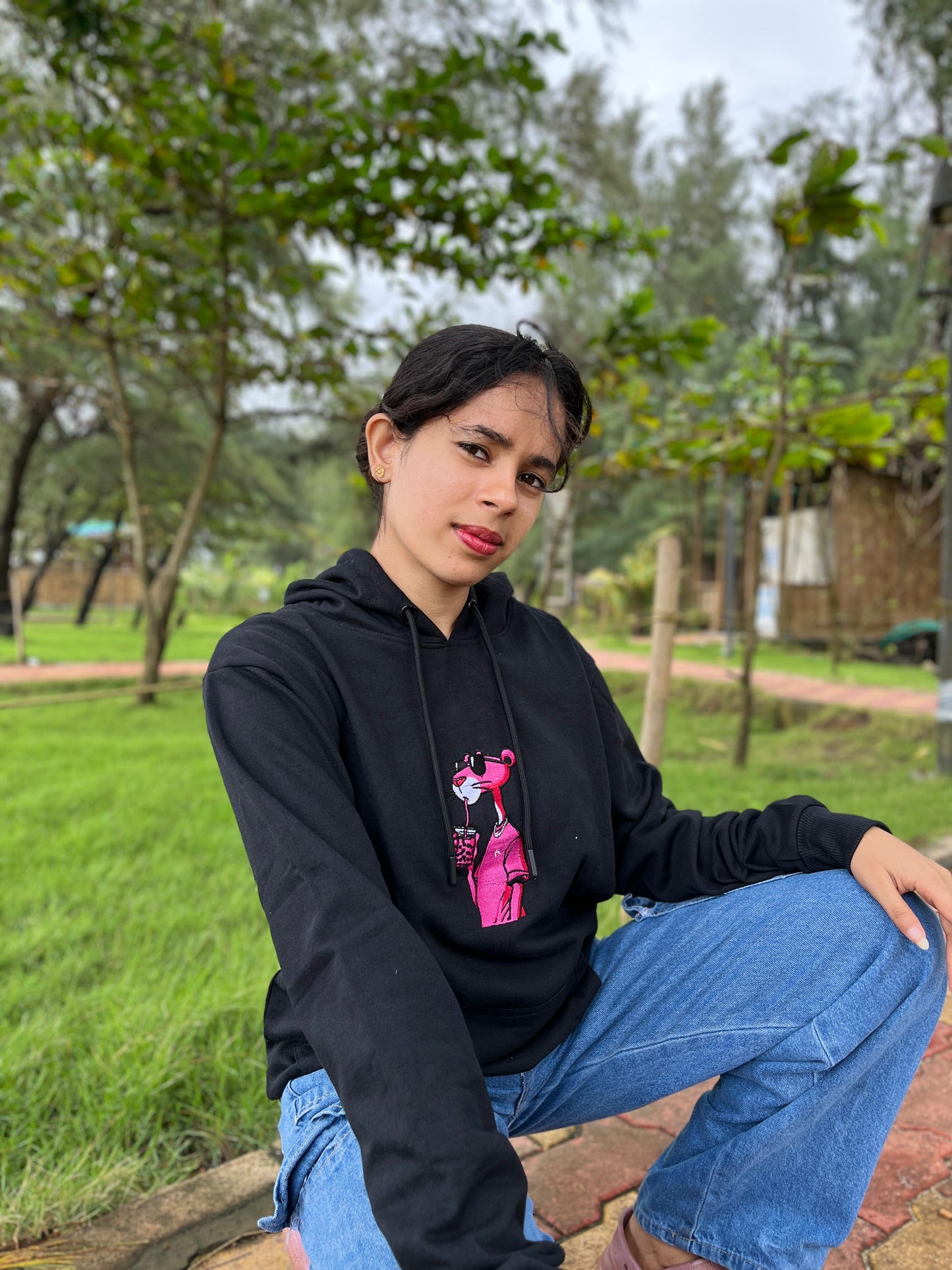 Pink Panther Embroidery Black Hoodie