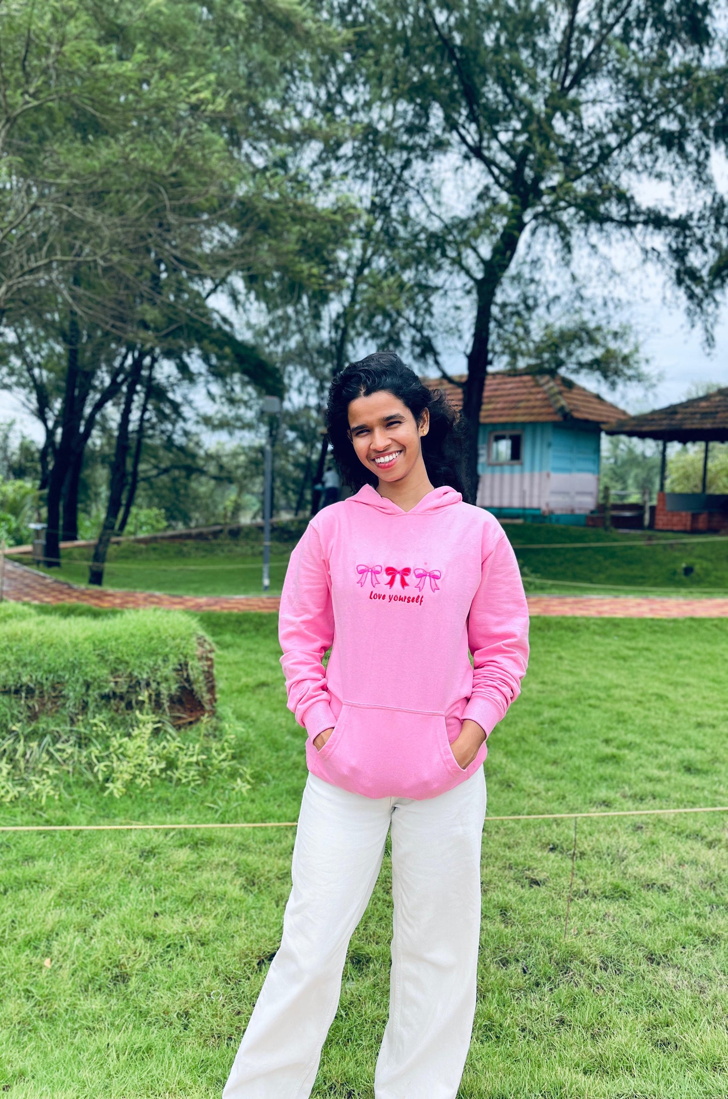 Love yourself embroidery pink hoodie
