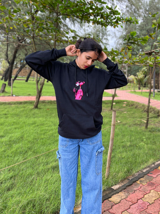 Pink Panther Embroidery Black Hoodie