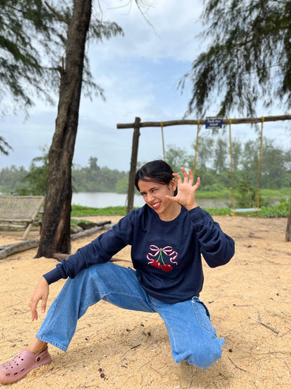 Navy colour Red cherry embroidery sweatshirt