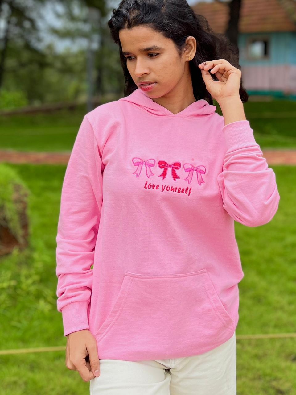 Love yourself embroidery pink hoodie