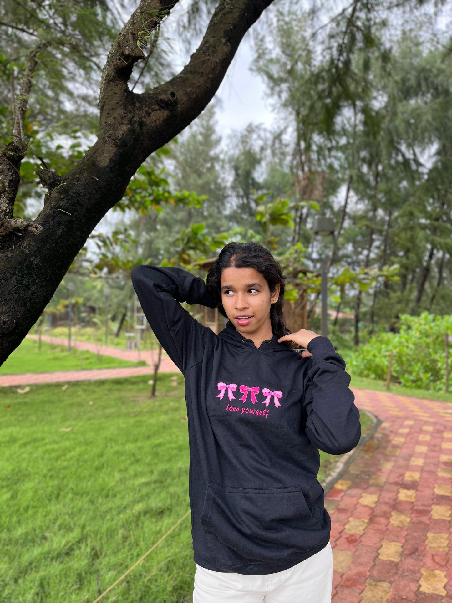 Black Sweatshirt with Pink Bow “Love Yourself” Embroidery