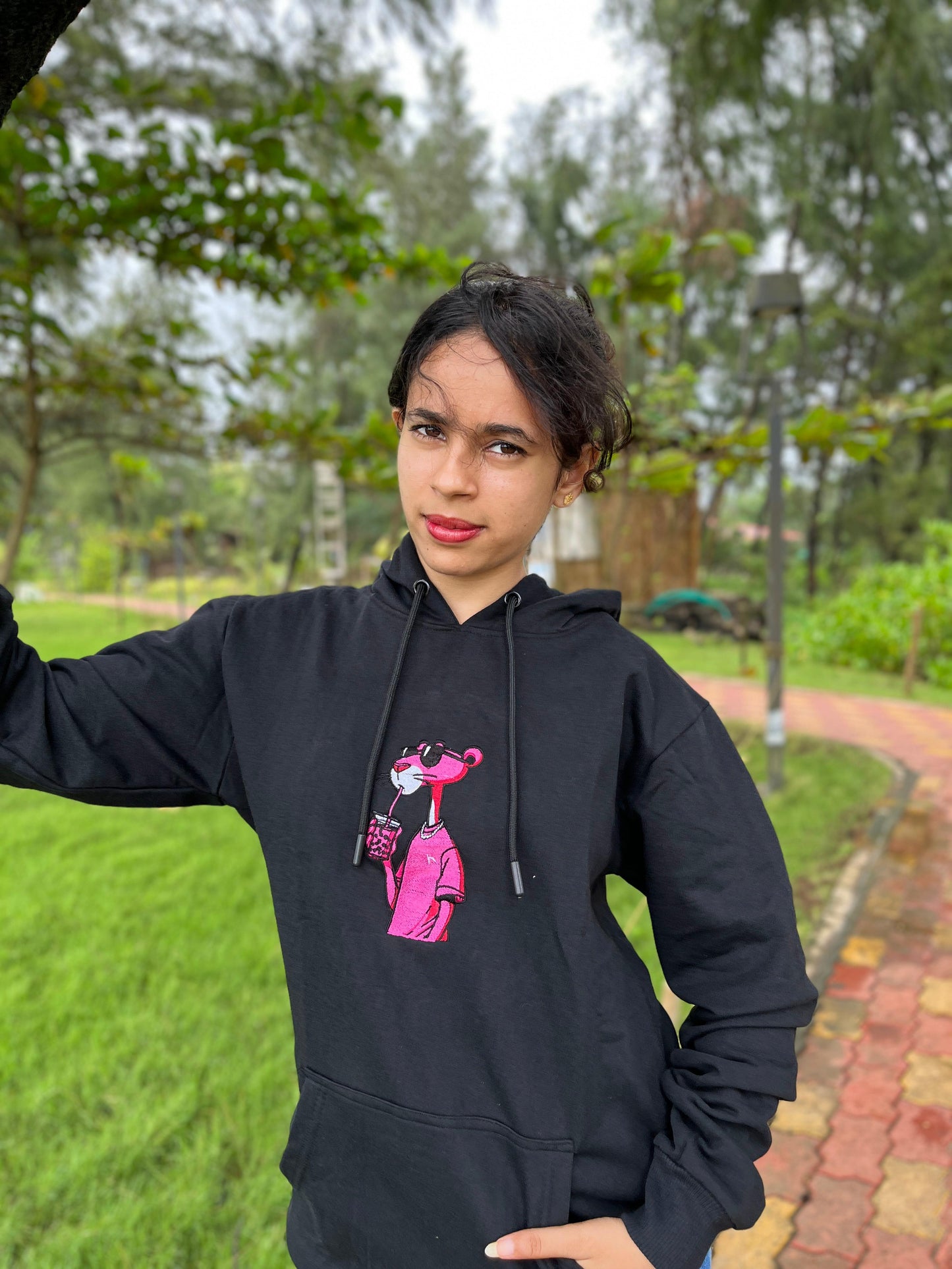 Pink Panther Embroidery Black Hoodie