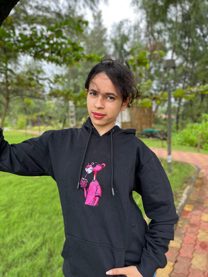 Pink Panther Embroidery Black Hoodie