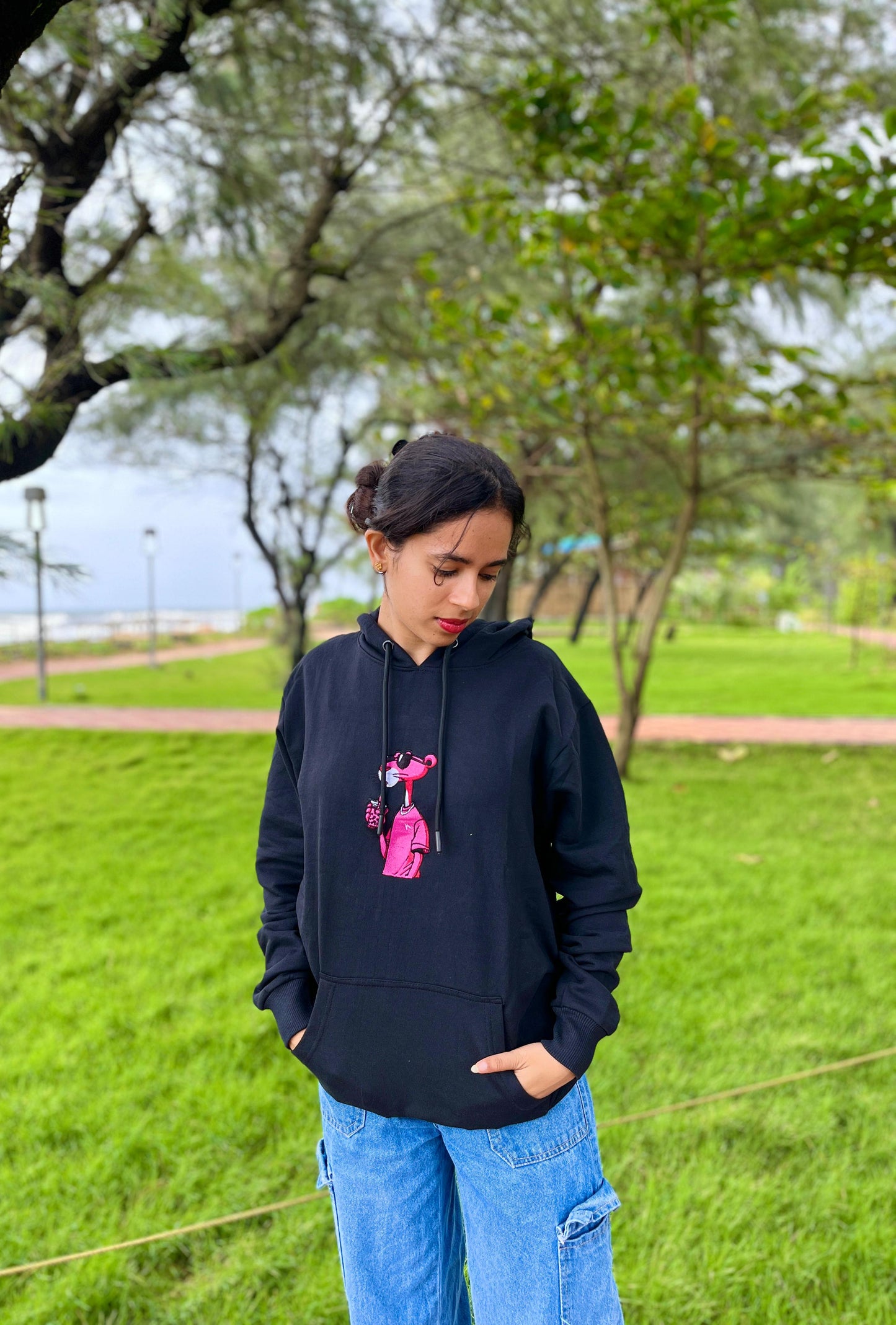 Pink Panther Embroidery Black Hoodie