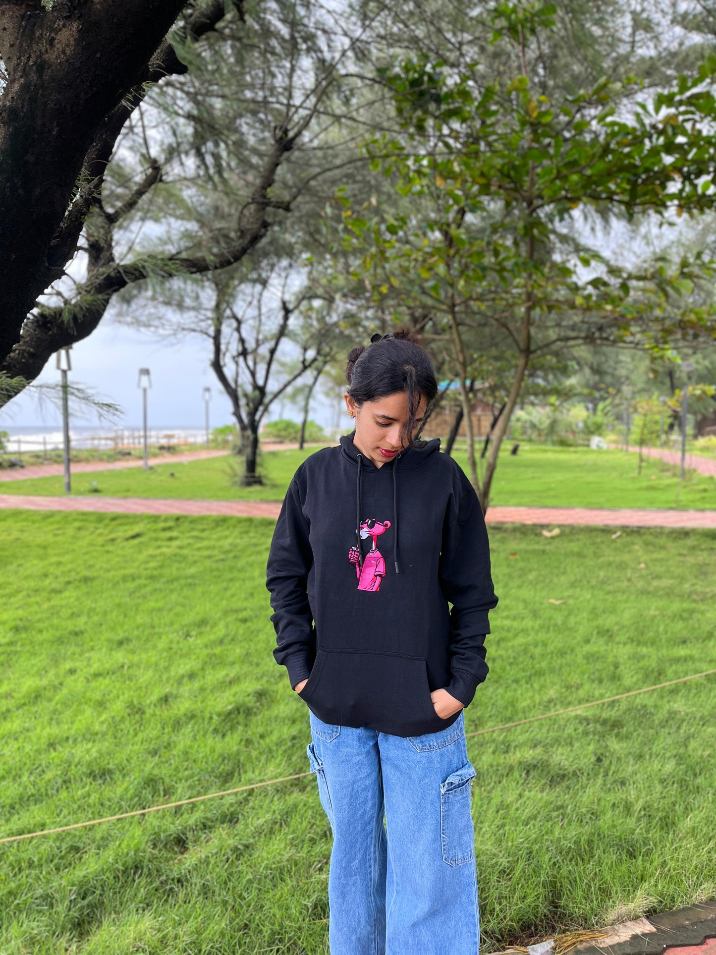 Pink Panther Embroidery Black Hoodie