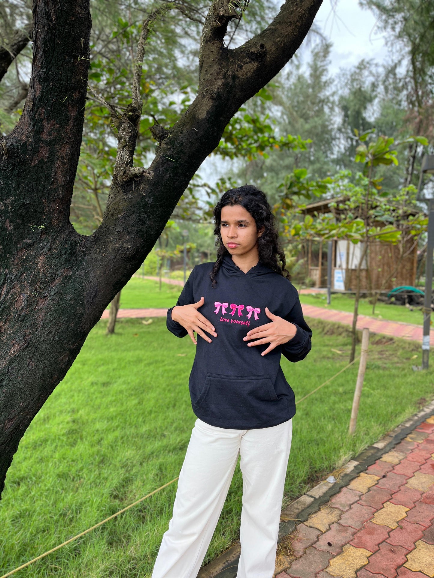Black Sweatshirt with Pink Bow “Love Yourself” Embroidery