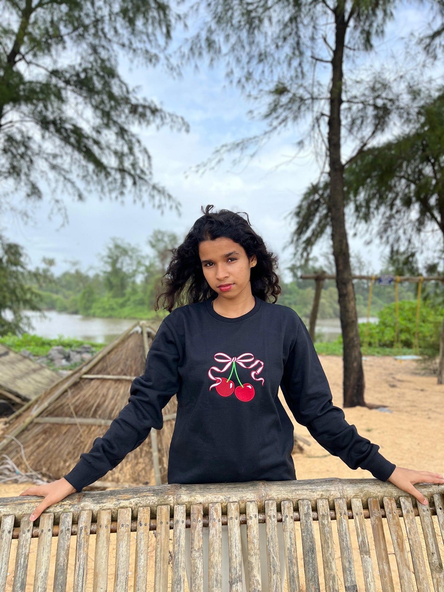 Black colour Red cherry embroidery sweatshirt