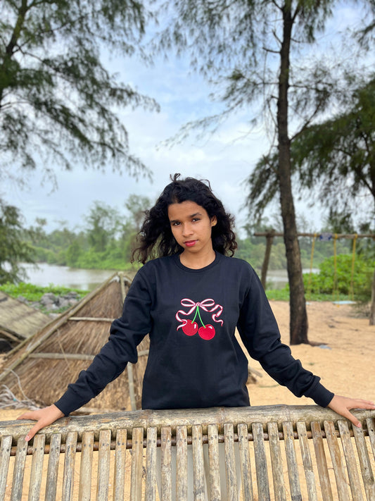 Black colour Red cherry embroidery sweatshirt