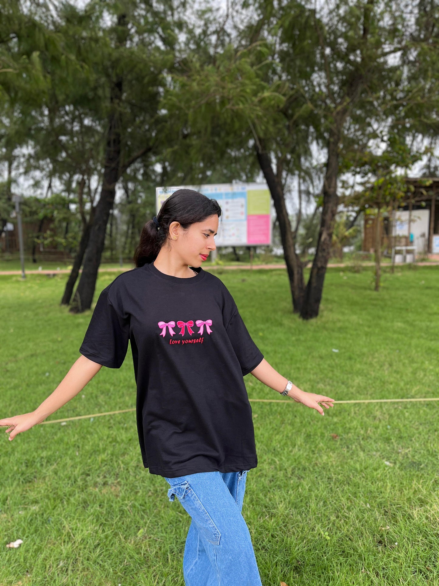 Black Unisex overseas t-shirt with pink pookie (love yourself)