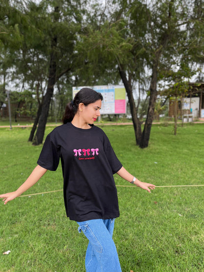 Black Unisex overseas t-shirt with pink pookie (love yourself)