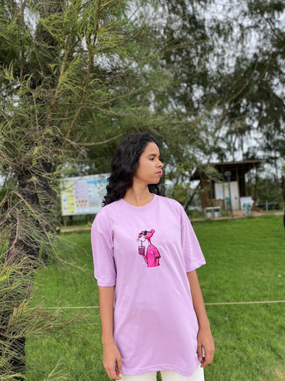 Levender colour pink panther embroidery oversized unisex t-shirt