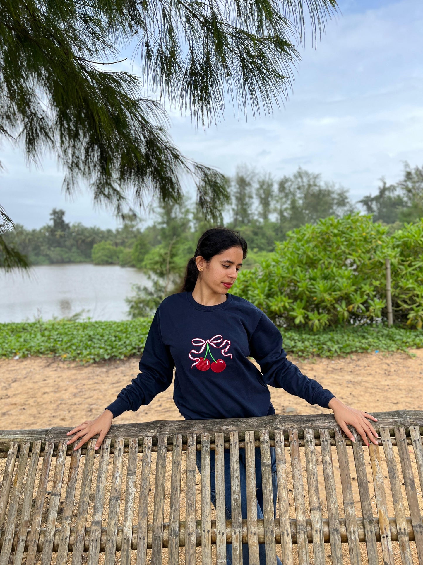 Navy colour Red cherry embroidery sweatshirt