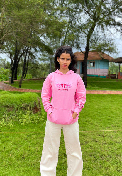 Love yourself embroidery pink hoodie