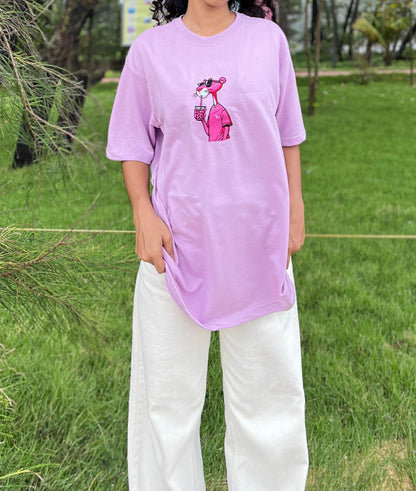 Levender colour pink panther embroidery oversized unisex t-shirt