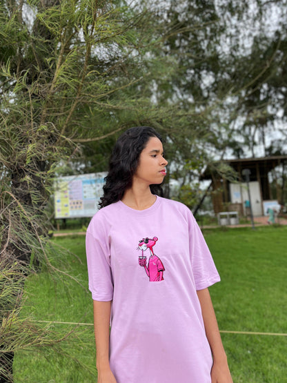 Levender colour pink panther embroidery oversized unisex t-shirt
