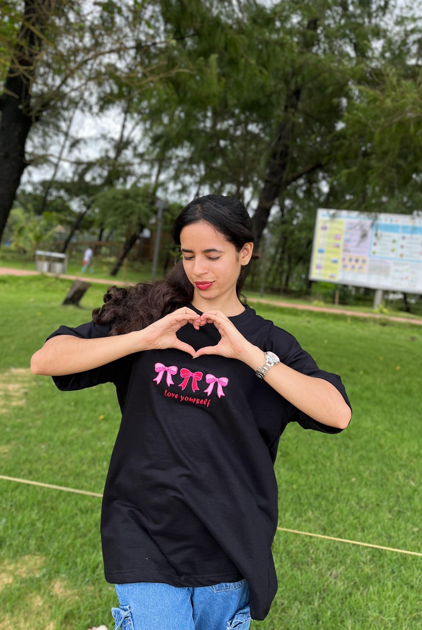 Black Unisex overseas t-shirt with pink pookie (love yourself)