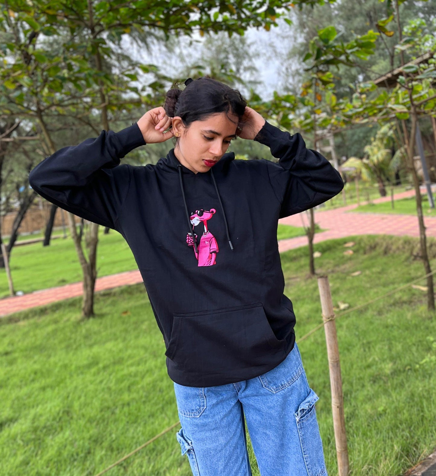 Pink Panther Embroidery Black Hoodie