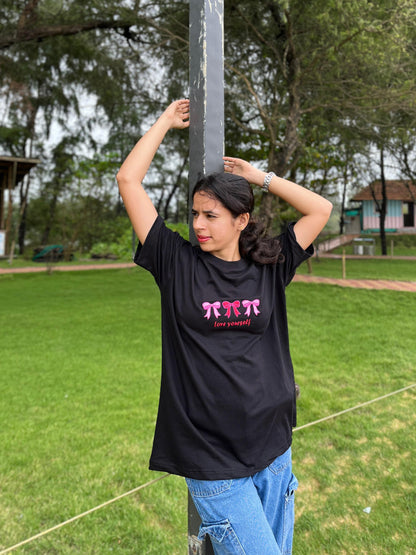 Black Unisex overseas t-shirt with pink pookie (love yourself)