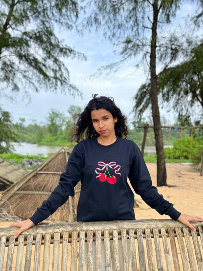 Black colour Red cherry embroidery sweatshirt