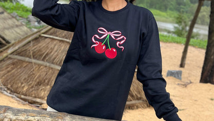 Black colour Red cherry embroidery sweatshirt