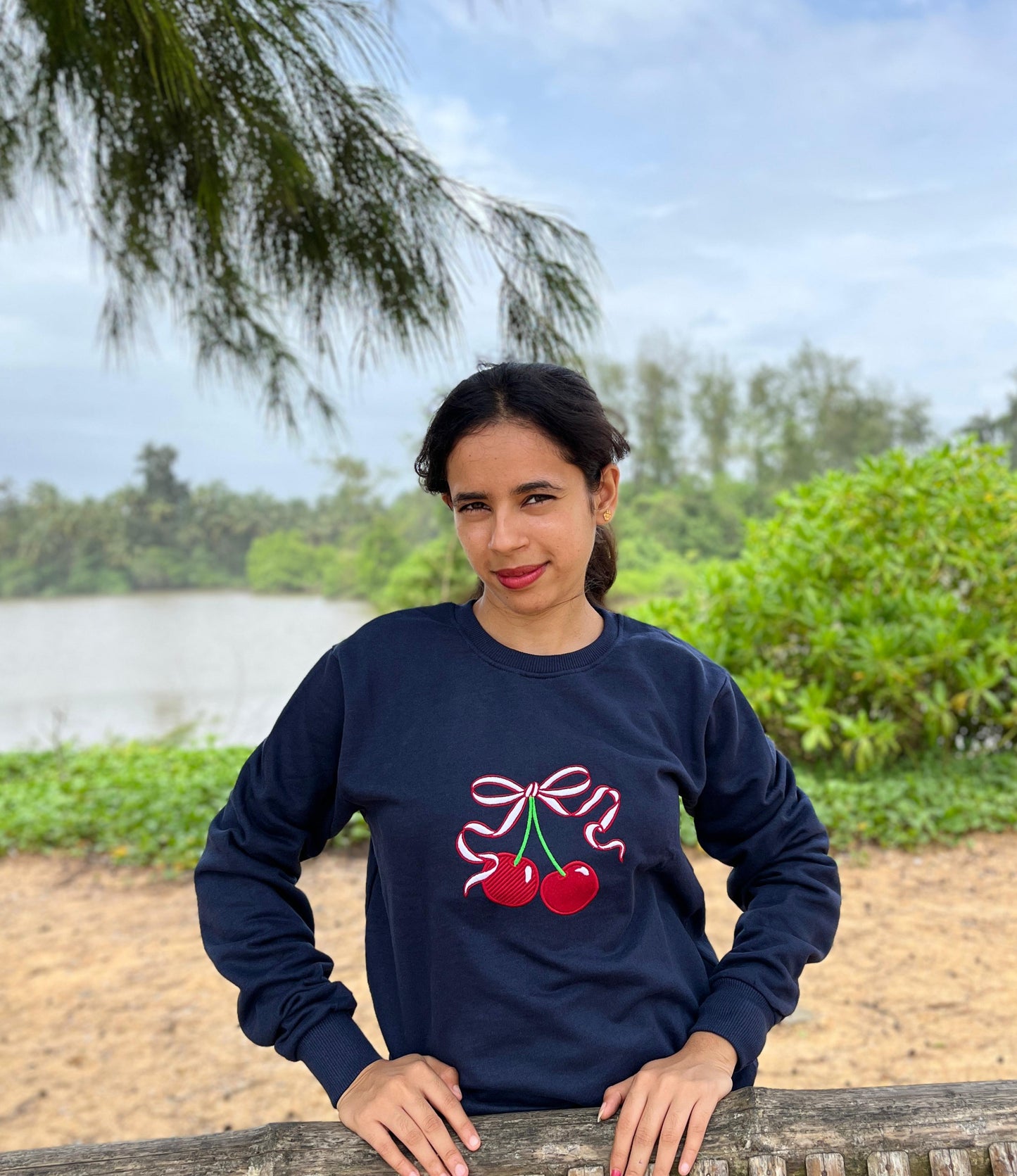 Navy colour Red cherry embroidery sweatshirt