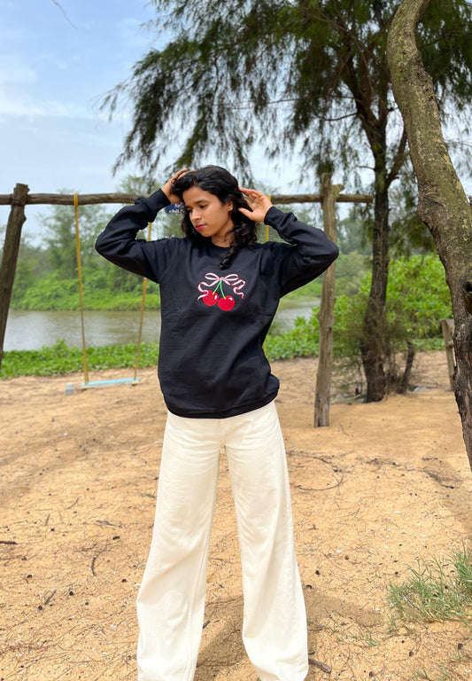 Black colour Red cherry embroidery sweatshirt