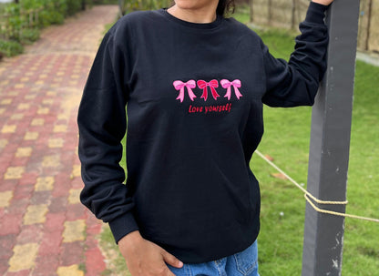 Black Sweatshirt with Pink Bow “Love Yourself” Embroidery