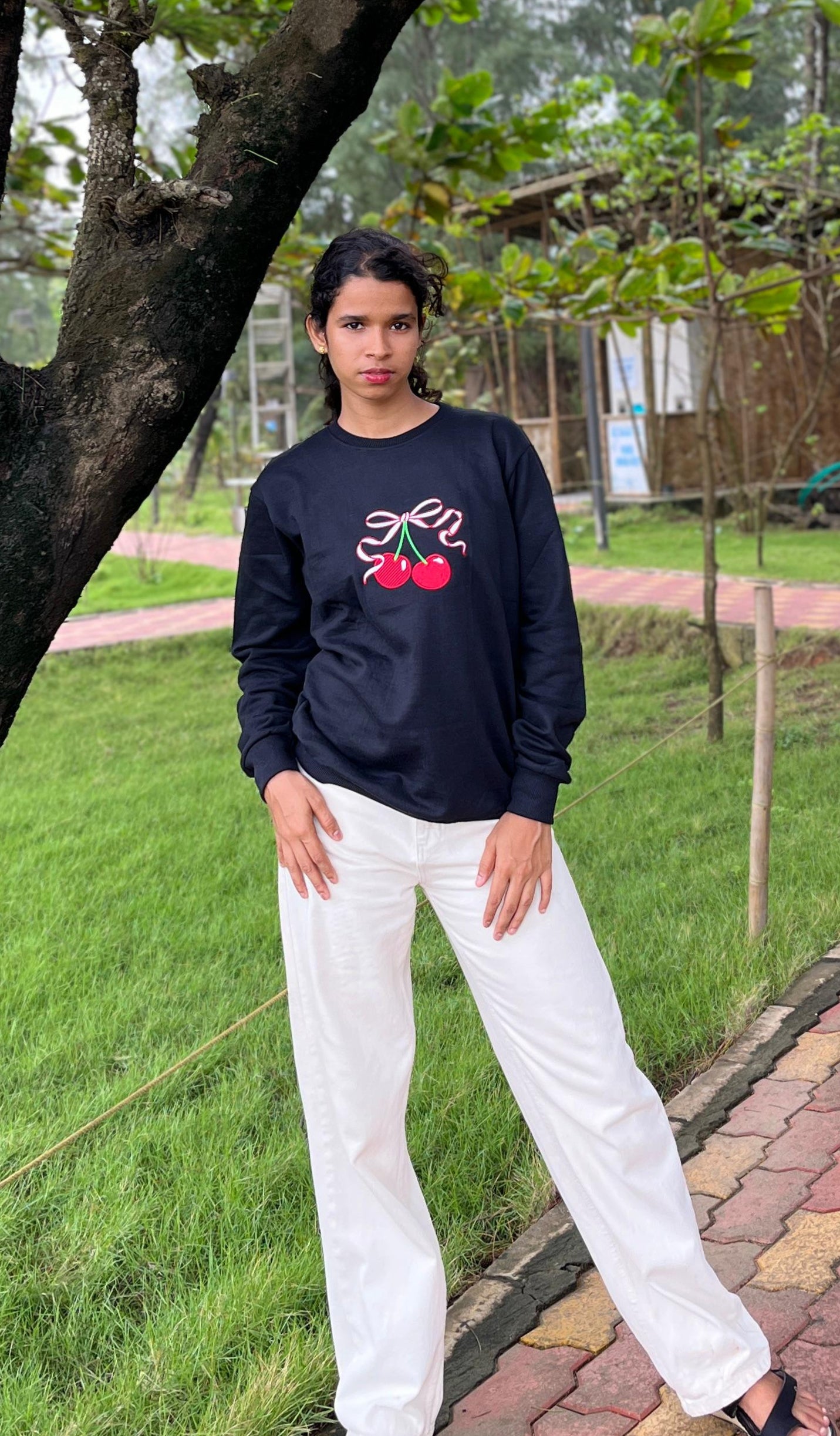 Black colour Red cherry embroidery sweatshirt