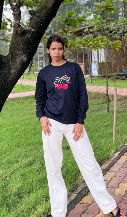 Black colour Red cherry embroidery sweatshirt