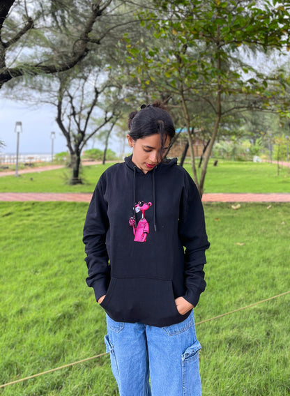 Pink Panther Embroidery Black Hoodie
