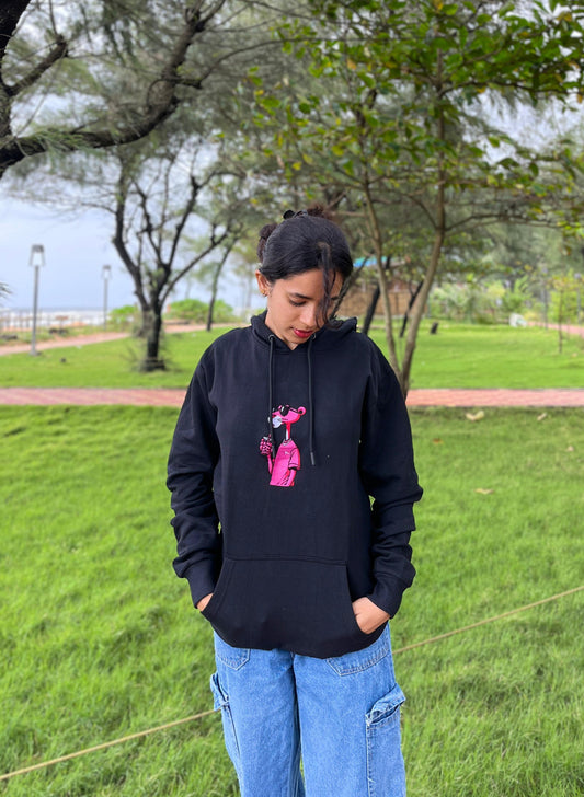 Pink Panther Embroidery Black Hoodie