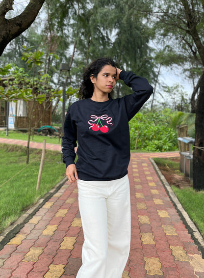 Black colour Red cherry embroidery sweatshirt