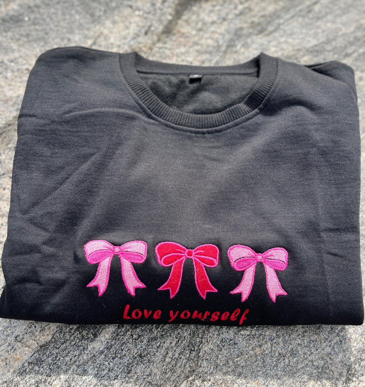 Black Sweatshirt with Pink Bow “Love Yourself” Embroidery