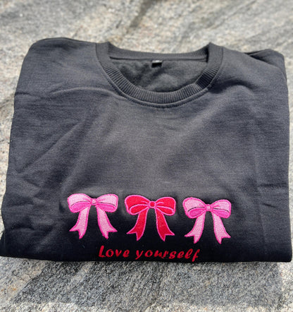 Black Sweatshirt with Pink Bow “Love Yourself” Embroidery