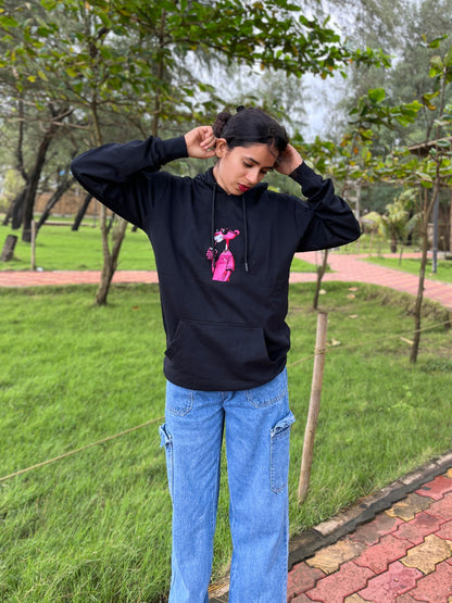 Pink Panther Embroidery Black Hoodie