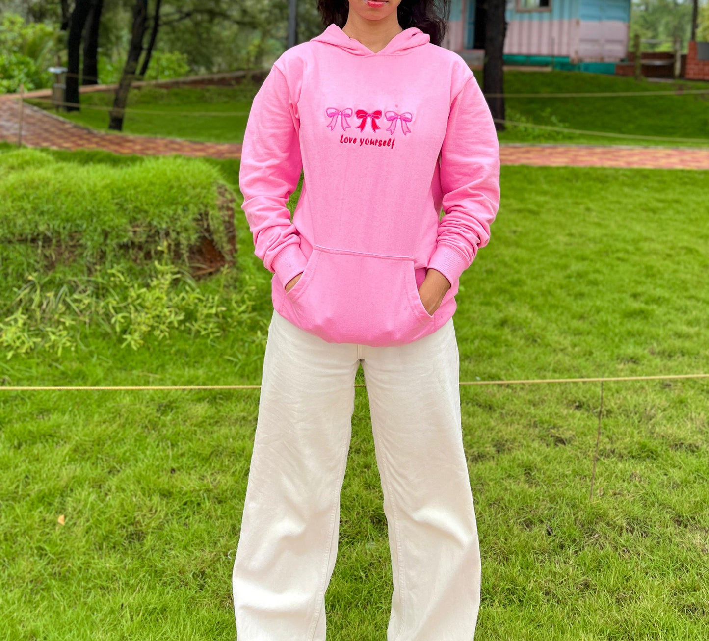 Love yourself embroidery pink hoodie
