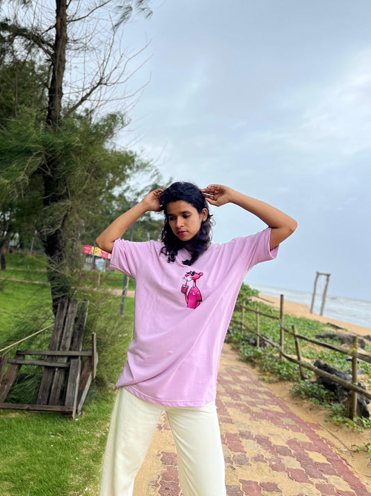 Levender colour pink panther embroidery oversized unisex t-shirt